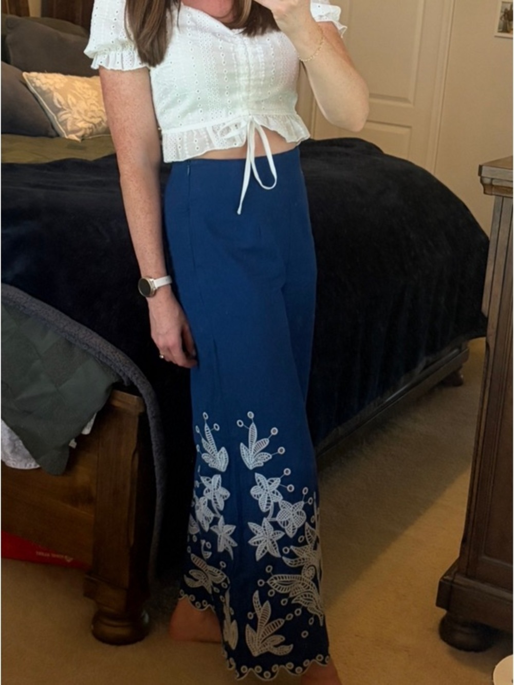 FARM Rio Linen Blue Wide-Leg Embroidered Crop Pants - Picture 4 of 7